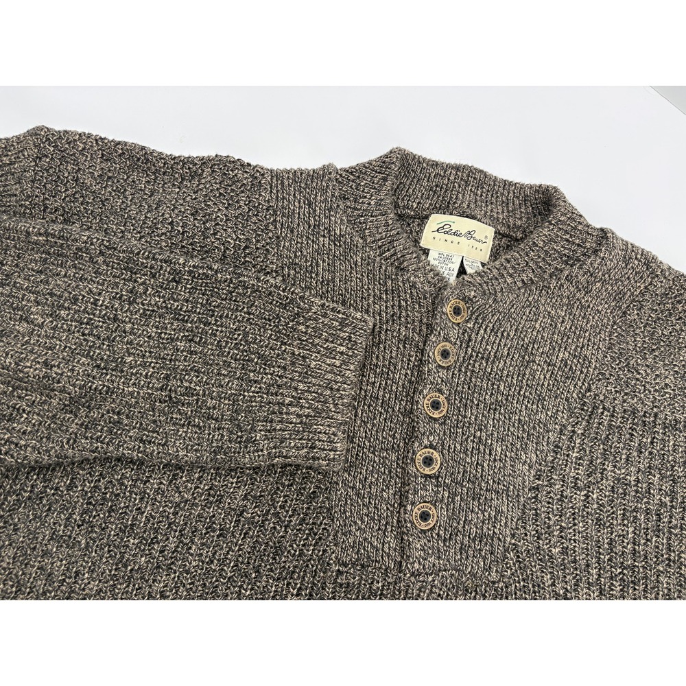Eddie Bauer Vintage Sweater Mens Brown Black Henley Knit Pullover USA 90s L TALL